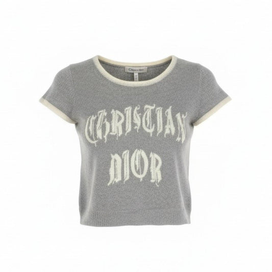 d7 Christian Dior クリスチャンディオール 2002 ガリアーノ期 ロゴ刺繡 半袖ニット セーター トップス 2A13055070 36 グレー レディースu02t