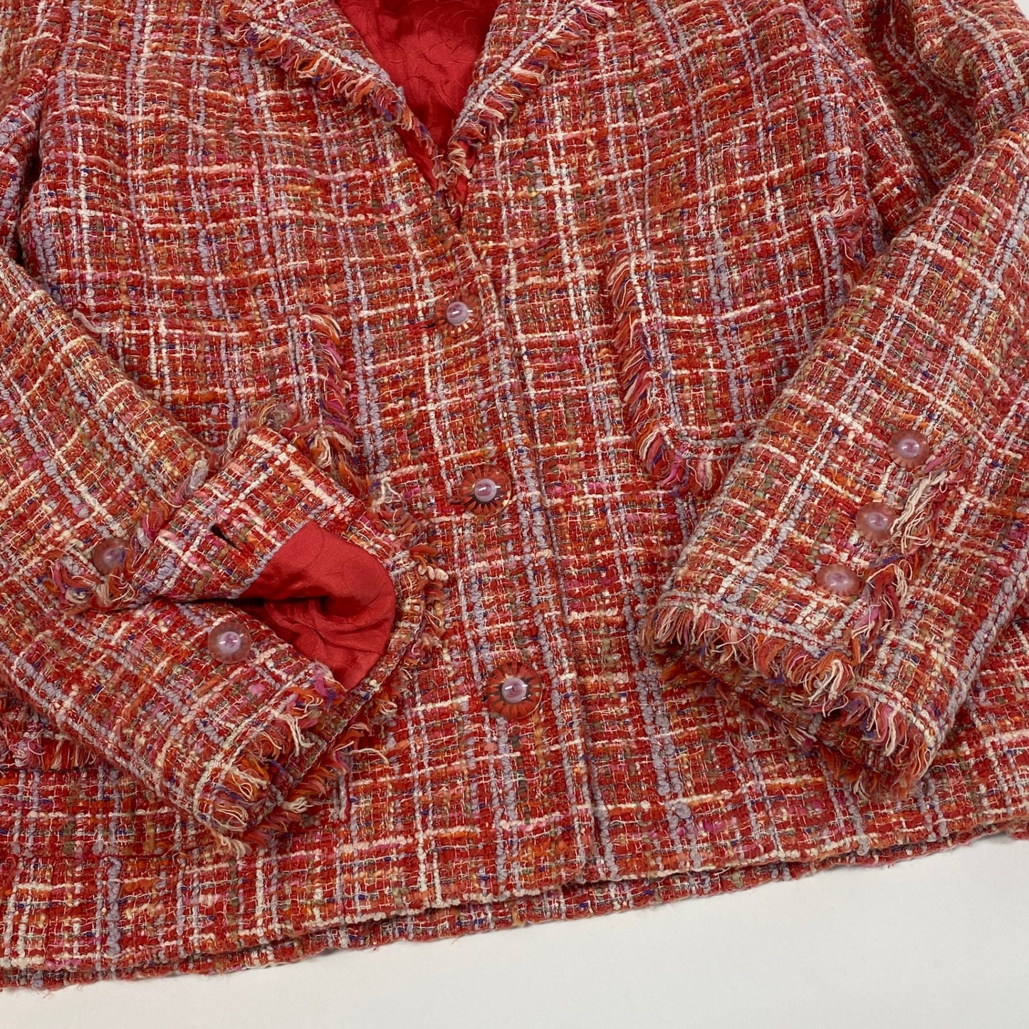Ca14 CHANEL シャネル 2004年 P22966 ココマーククリアボタン 短丈 ショートツイードジャケット サイズ34 レッド系 ミックスツイード レディース 女性用ta1