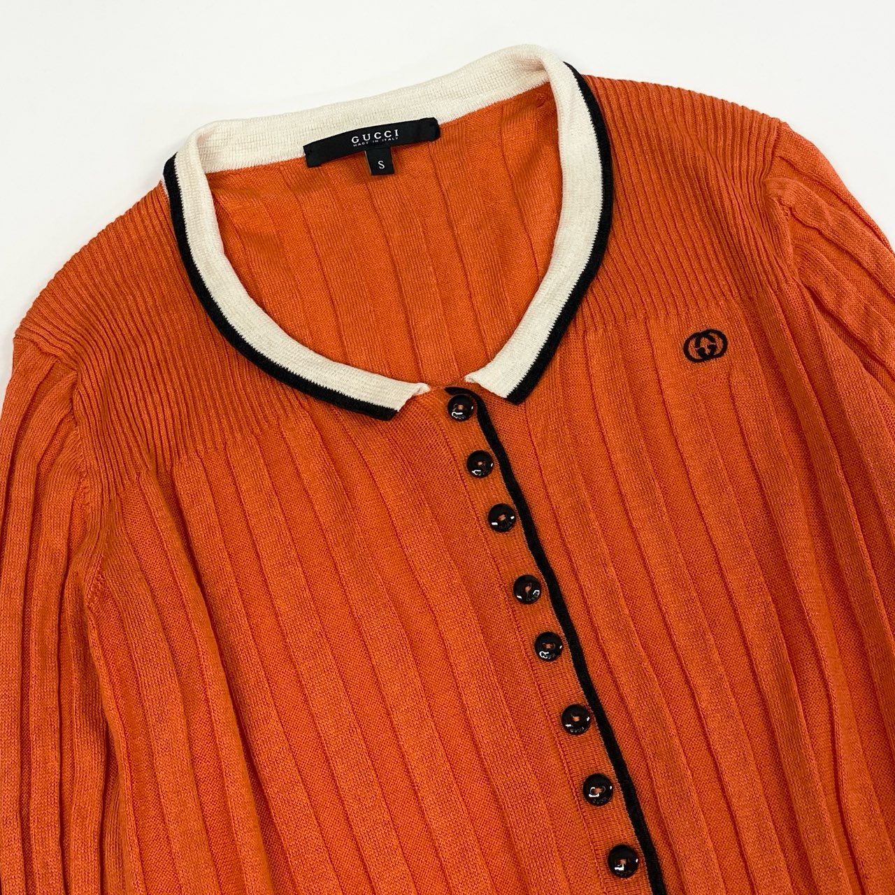 Ic18 GUCCI グッチ トムフォード期 リブニット ロングスリーブカーディガン インターロッキングG ワンポイント刺繡 レディース 女性服 S オレンジ リネン シルクta1
