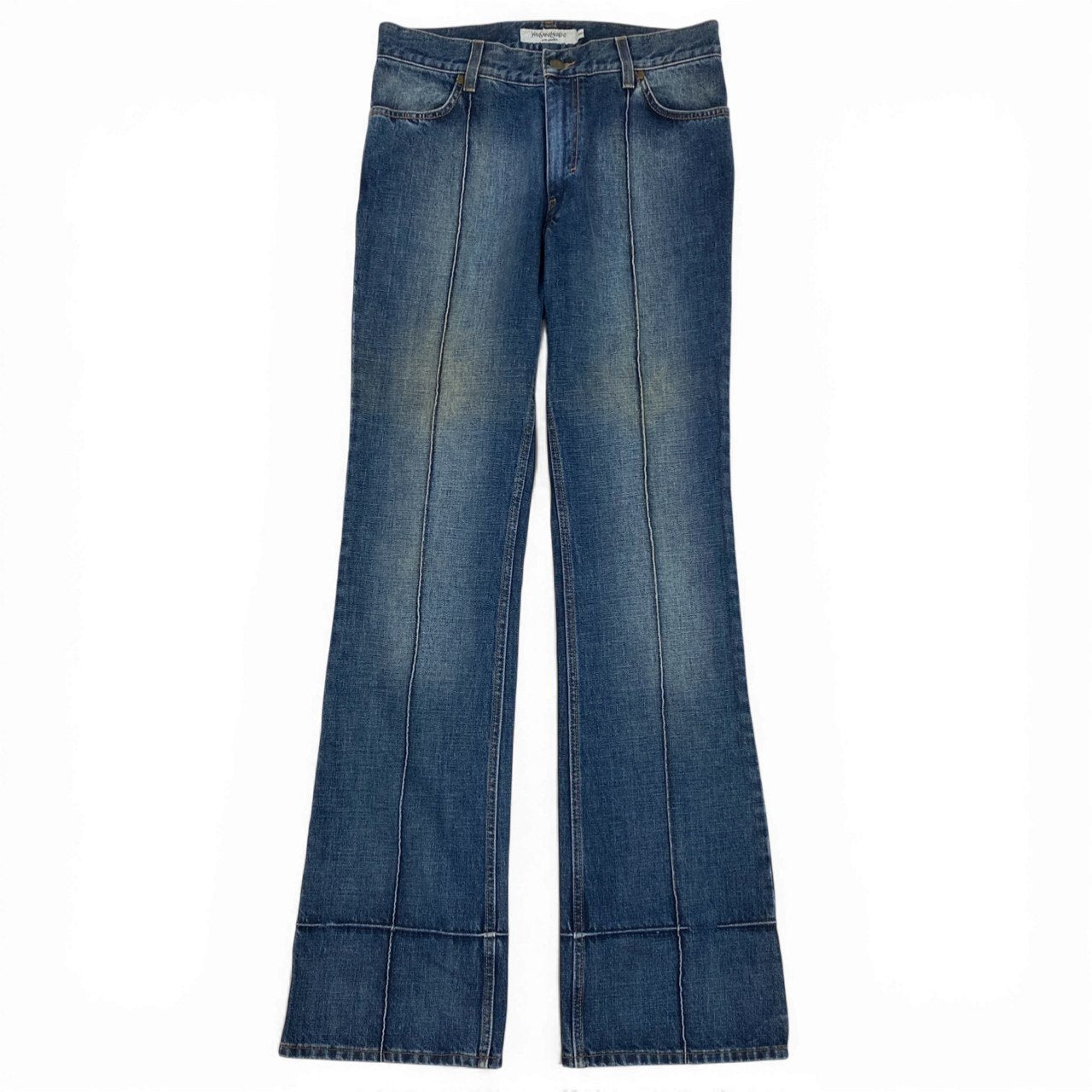 54b10 YVESSAINTLAURENT イヴサンローラン センターシーム ストレートデニムパンツ YSLエンボスロゴ 46サイズ インディゴ コットン100％ レディース 女性用k02i