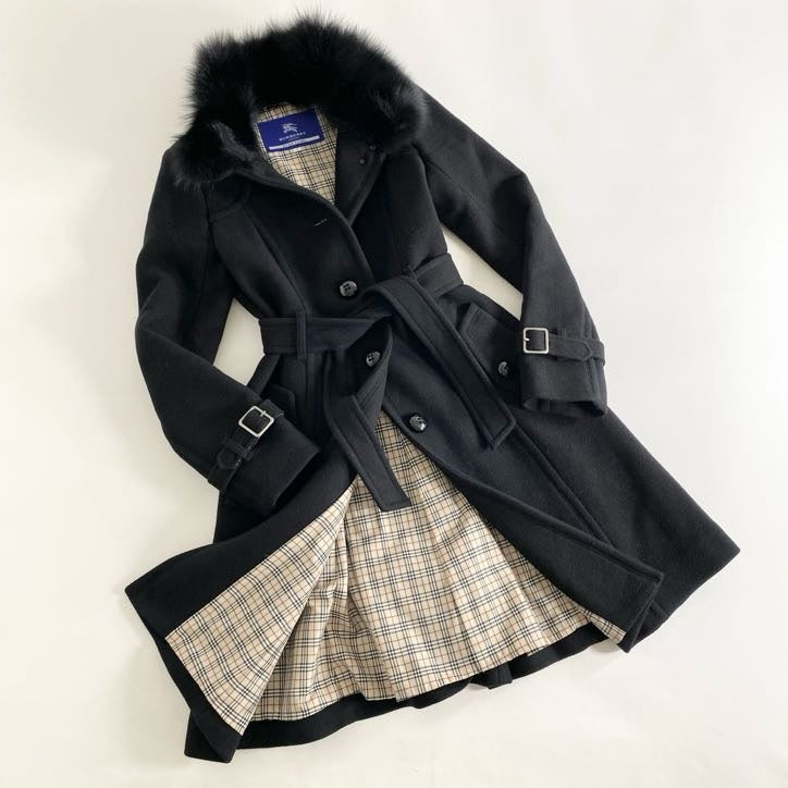 4i4① BURBERRY BLUE LABEL バーバリー ブルーレーベル フォックスファー ベルト付ウールコート 38 ブラック アウター