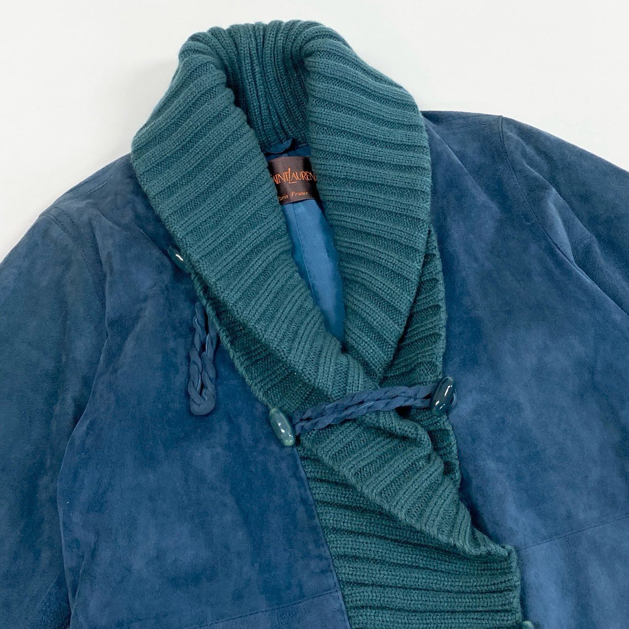 60L16 Vintage YVES SAINT LAURENT イヴサンローラン ヴィンテージ レザーコート ベルテッドコート ロング丈 ニット切替 L ブルー系 表記タグ欠損 レディースu02t