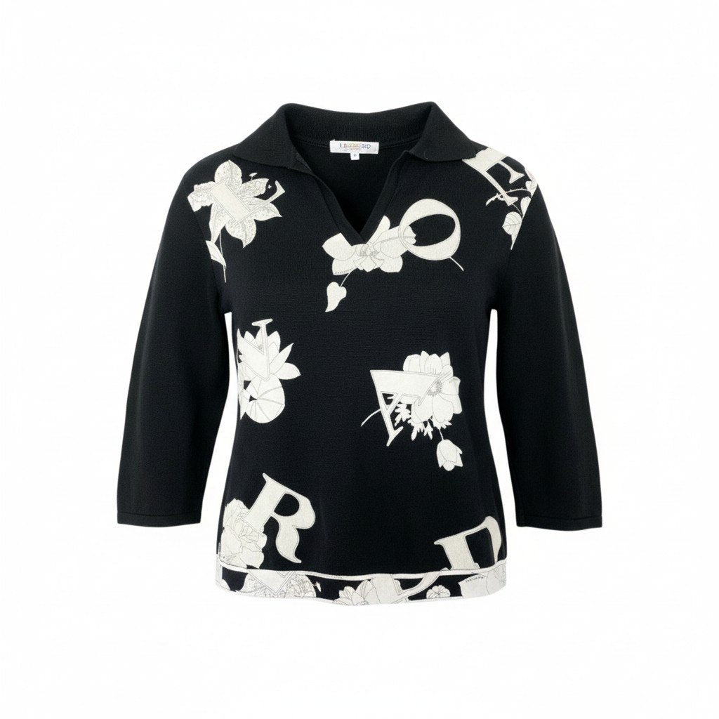 79k21 LEONARD SPORT レオナールスポーツ Vネック ニットセーター コットンニット 7分袖 花柄 レディース 女性用 M ブラック 綿100％u02t