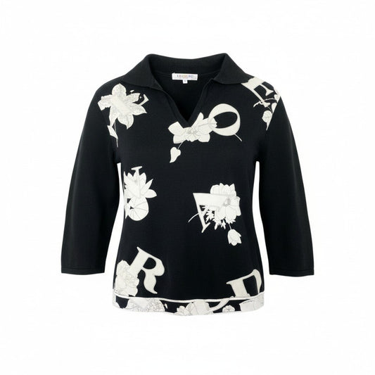 79k21 LEONARD SPORT レオナールスポーツ Vネック ニットセーター コットンニット 7分袖 花柄 レディース 女性用 M ブラック 綿100％u02t