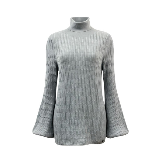 85a28 Salvatore Ferragamo サルバトーレフェラガモ ハイネックニットセーター バルーン袖 ウールシルク ロゴ金具 XLサイズ グレー レディース 女性用u02t