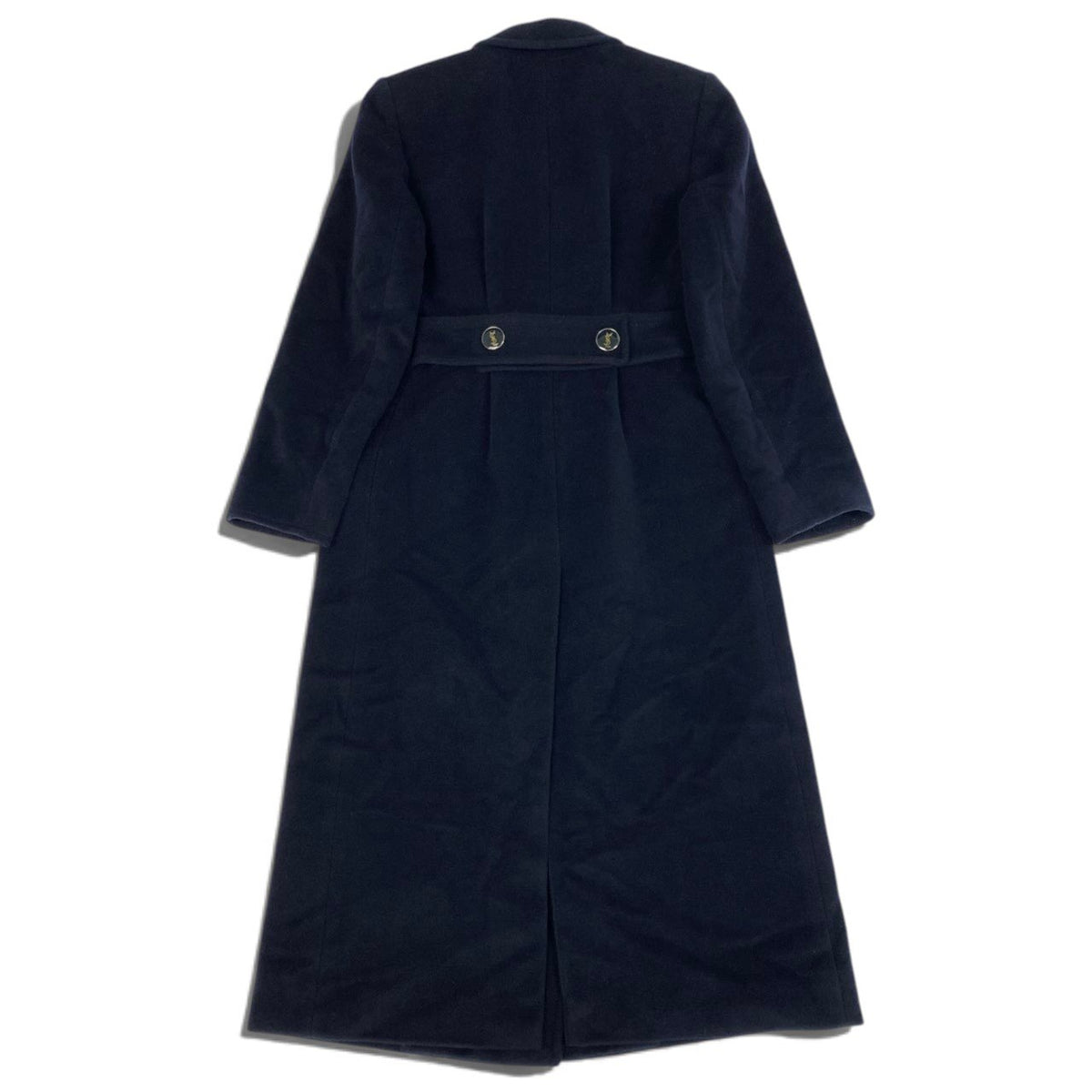 i19 YVES SAINT LAURENT ダブルブレストチェスターコート YSLロゴボタン ロングコート 36サイズ ダークネイビー ウール100％ レディース 女性用u02t