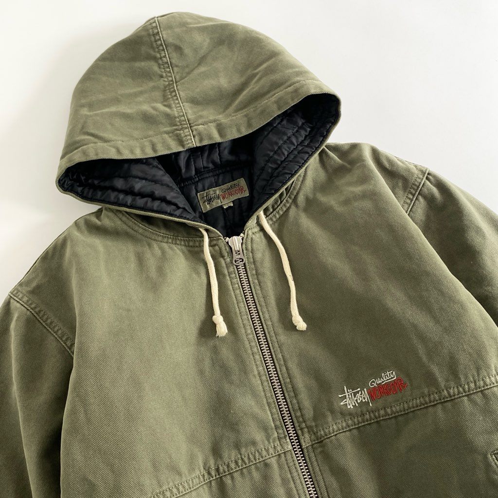 74g2 タグ付 【美品】 STUSSY ステューシー Canvas Insulated Work Jacket ワークジャケット キャンバス ロゴ刺繍 23F115716 Lサイズ カーキ コットン