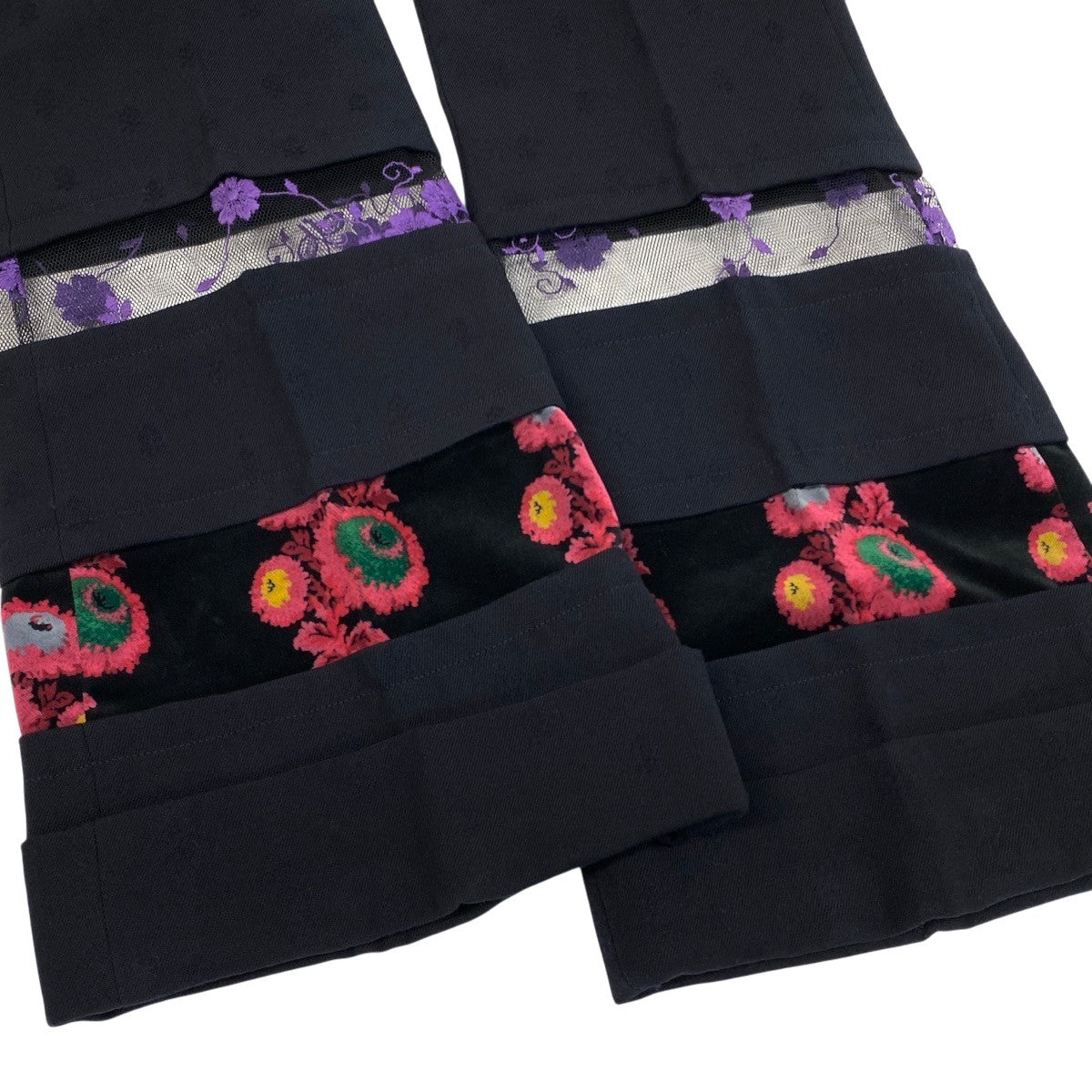 h28 《美品》 COMME des GARCONS コムデギャルソン フラワー刺繍 レース切り替え スラックスパンツ GC-P001 M ネイビー ウールu02t