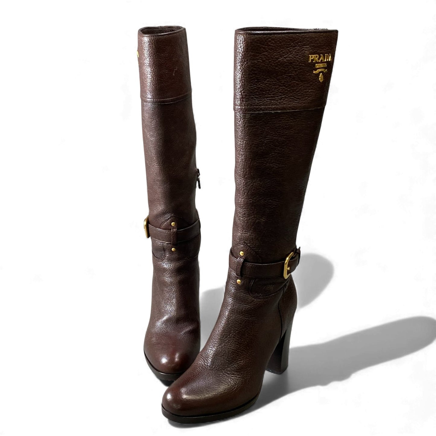 1L11 PRADA プラダ ロゴ入り ゴールド金具 チャンキーヒール サイドジップ ブーツ サイズ35 ブラウン レザー レディース 女性用 靴k02i