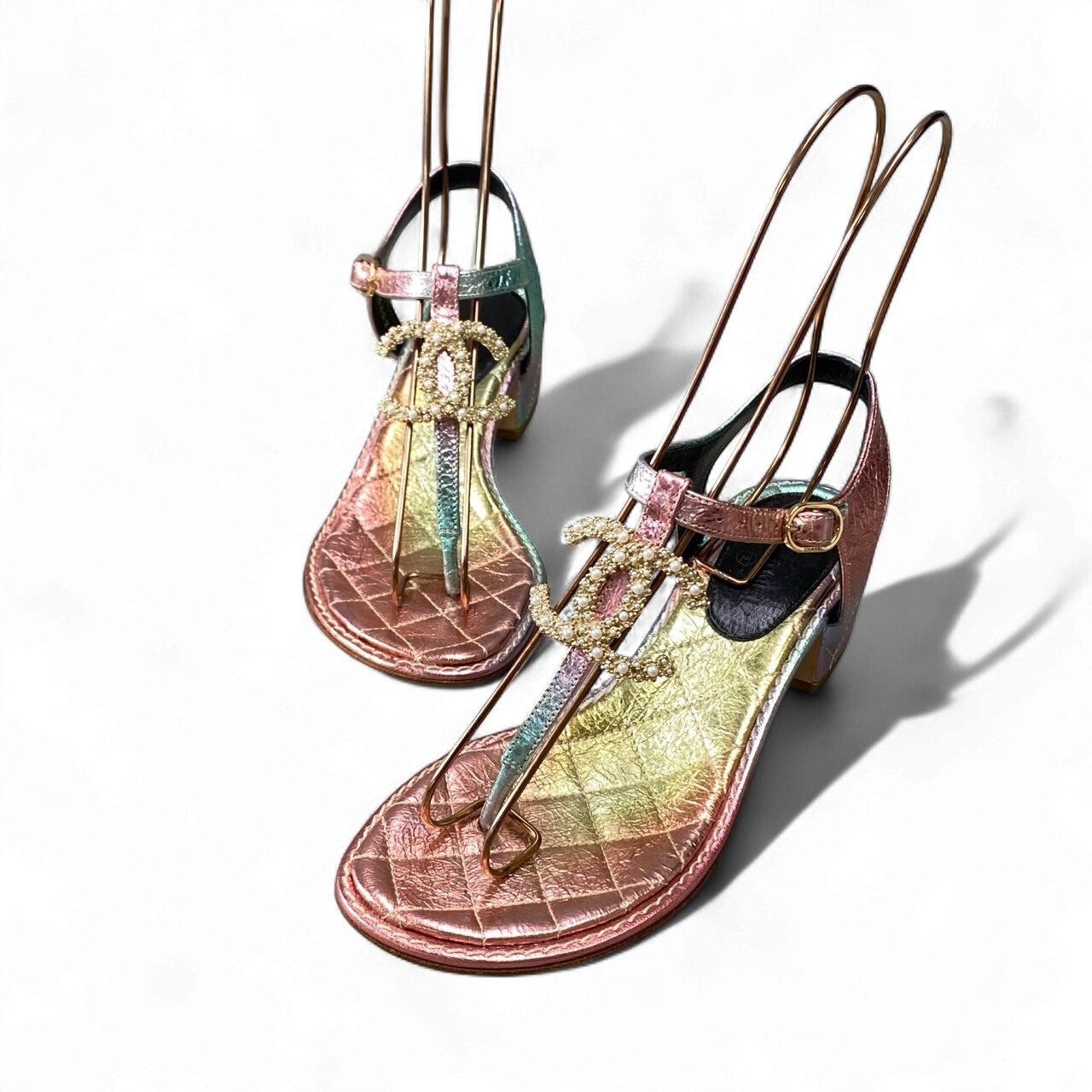 1k18 CHANEL シャネル ココマーク パールバックル トングサンダル G36402 35C ピンク グリーン シューズ グリポアt18r