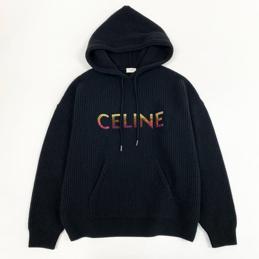 7i25 《美品》CELINE セリーヌ グラデーションロゴニットパーカー 22AW エンブロイダリーニット スパンコール 2A10X66Q Sサイズ ブラック メンズk02i