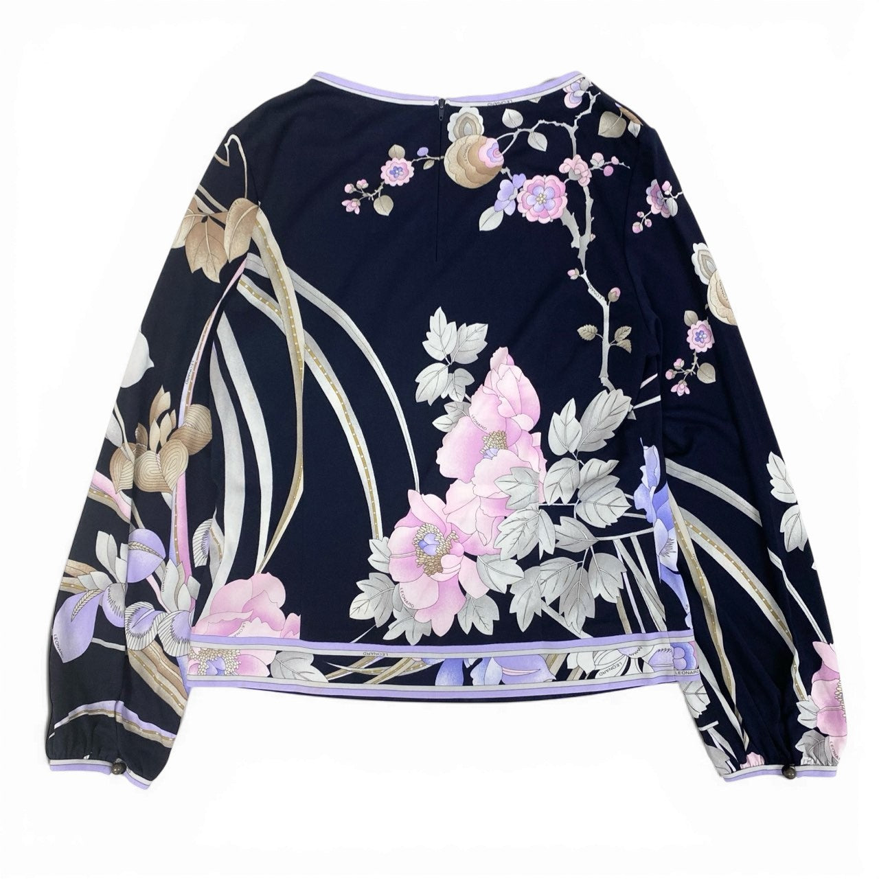 6b12 LEONARD レオナール ロングスリーブカットソー カンカン素材 美しい花柄プリント 0179513 Lサイズ ネイビー レディース 女性用u02t