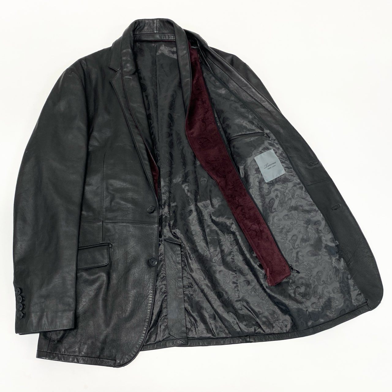 47k5 TENORAS ティノラス レザージャケット ロングジャケット 羊革 本革 ダブルカラー 2way 裏地ペイズリー柄 メンズ 紳士服 大きいサイズ LL ブラックo07t