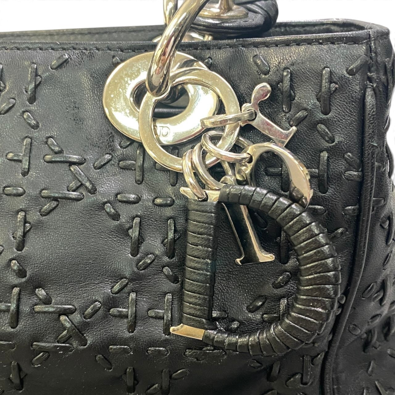 h29 Christian Dior レディディオール M ウィップステッチ カナージュ ブラック レザー レディース 女性用ta1