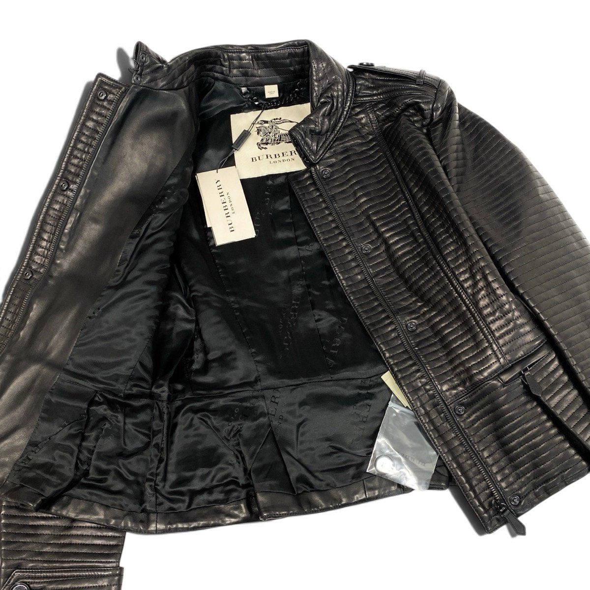 j9 【新品保管品】BURBERRY LONDON レザージャケット バイカーキルティング加工 イタリア製 Mサイズ ブラック レザー レディース 女性用k02i