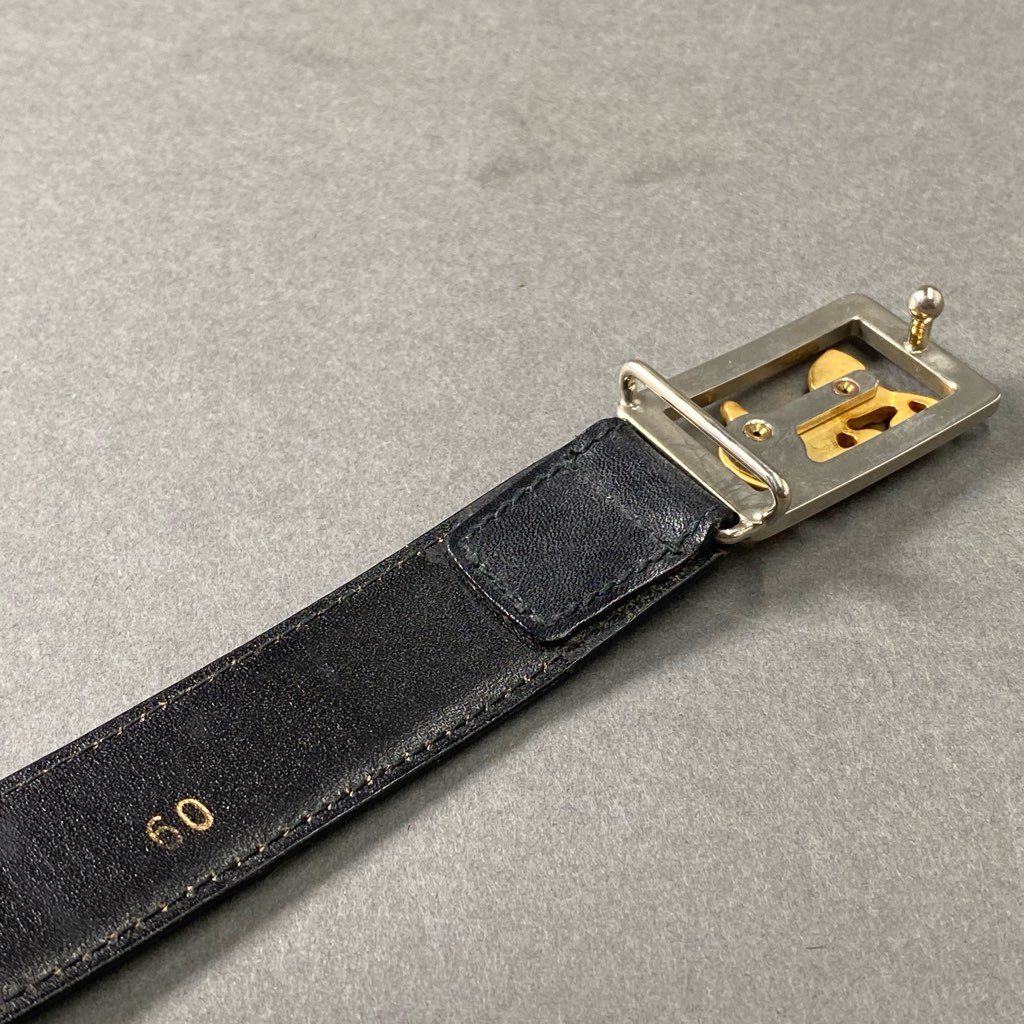 7f23 CELINE セリーヌ 馬車金具 レザーベルト 60 ブラック ゴールド Leather Belt