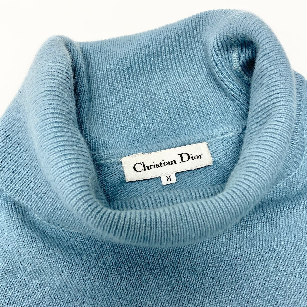 2c29 Christian Dior クリスチャンディオール ハイネックニットセーター ブランドロゴ刺繍 タートルネック Mサイズ ブルー ウール100％ レディース 女性用o07t