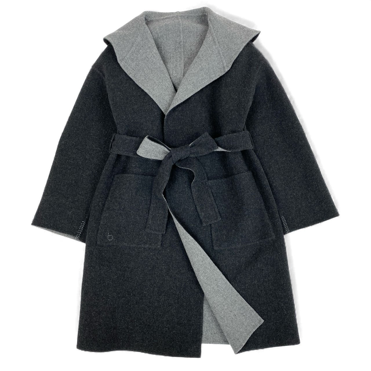 14L1 【美品】bamford バンフォード ウールロングコート リバーシブルコート フーデットコート アウター イタリア製 Mサイズ相当 グレー レディースu02t