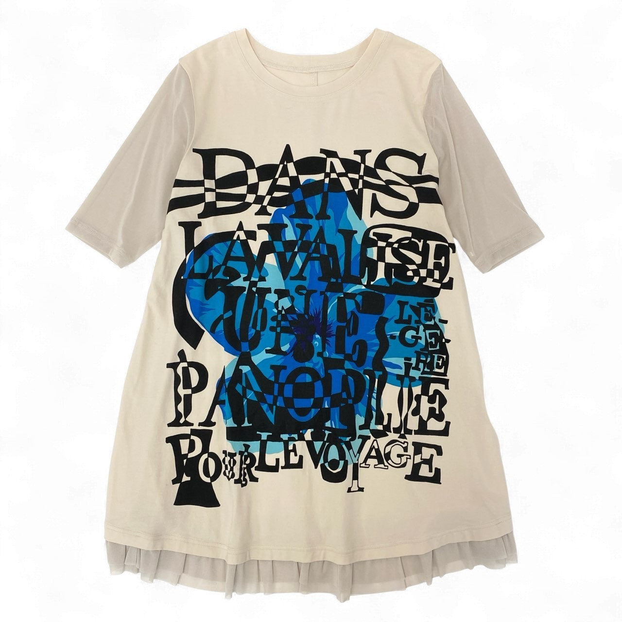 67k20 TOKUKO 1er VOL トクコプルミエヴォル 7分袖ワンピース メッシュ切替 シアースリーブ チュニックワンピース フロントプリント レディース 9 ベージュ系u02t