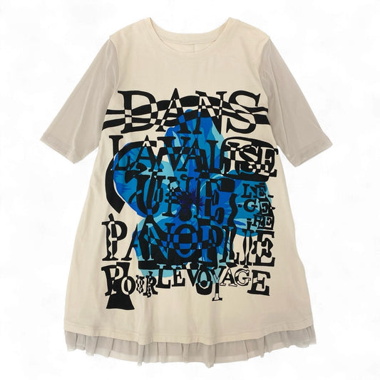 67k20 TOKUKO 1er VOL トクコプルミエヴォル 7分袖ワンピース メッシュ切替 シアースリーブ チュニックワンピース フロントプリント レディース 9 ベージュ系u02t