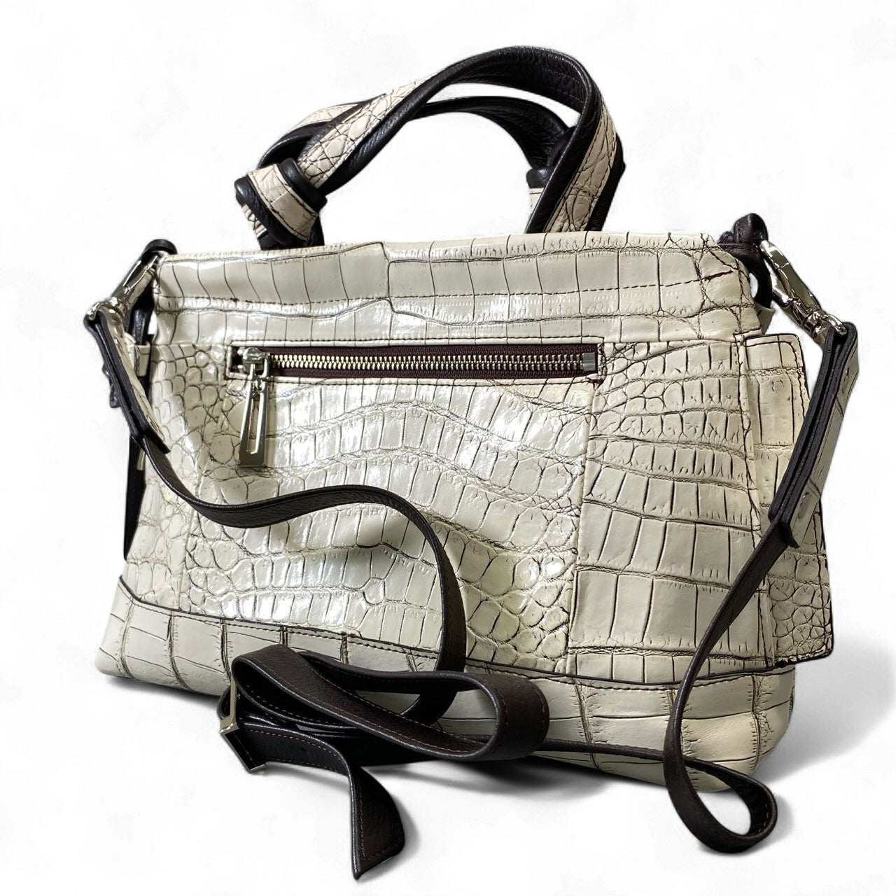 ak18 JRA認定 クロコダイル 2way ハンドバッグ ショルダーバッグ 目地染め ホワイト レザーk02i