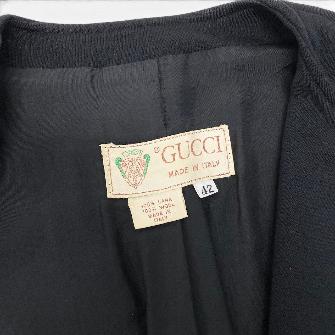 48e28 GUCCI グッチ vintage ノーカラージャケット ダブルブレスト  サイズ42 ブラック ウール100％ レディース 女性服o07t