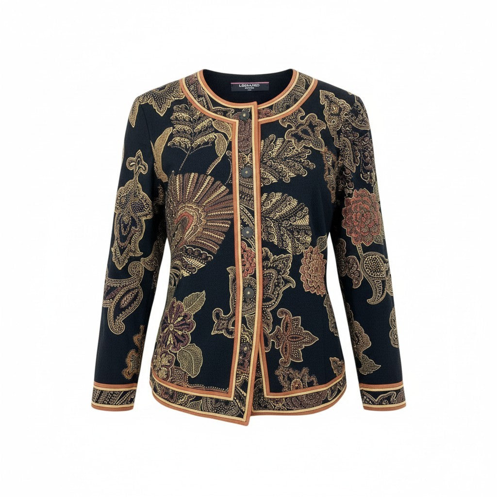 11k21 LEONARD FASHION レオナール ノーカラージャケット カーディガン 花柄プリント ペイズリー柄 ロングスリーブ レディース 女性用 M ブラック ウールシルクu02t