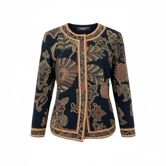 11k21 LEONARD FASHION レオナール ノーカラージャケット カーディガン 花柄プリント ペイズリー柄 ロングスリーブ レディース 女性用 M ブラック ウールシルクu02t