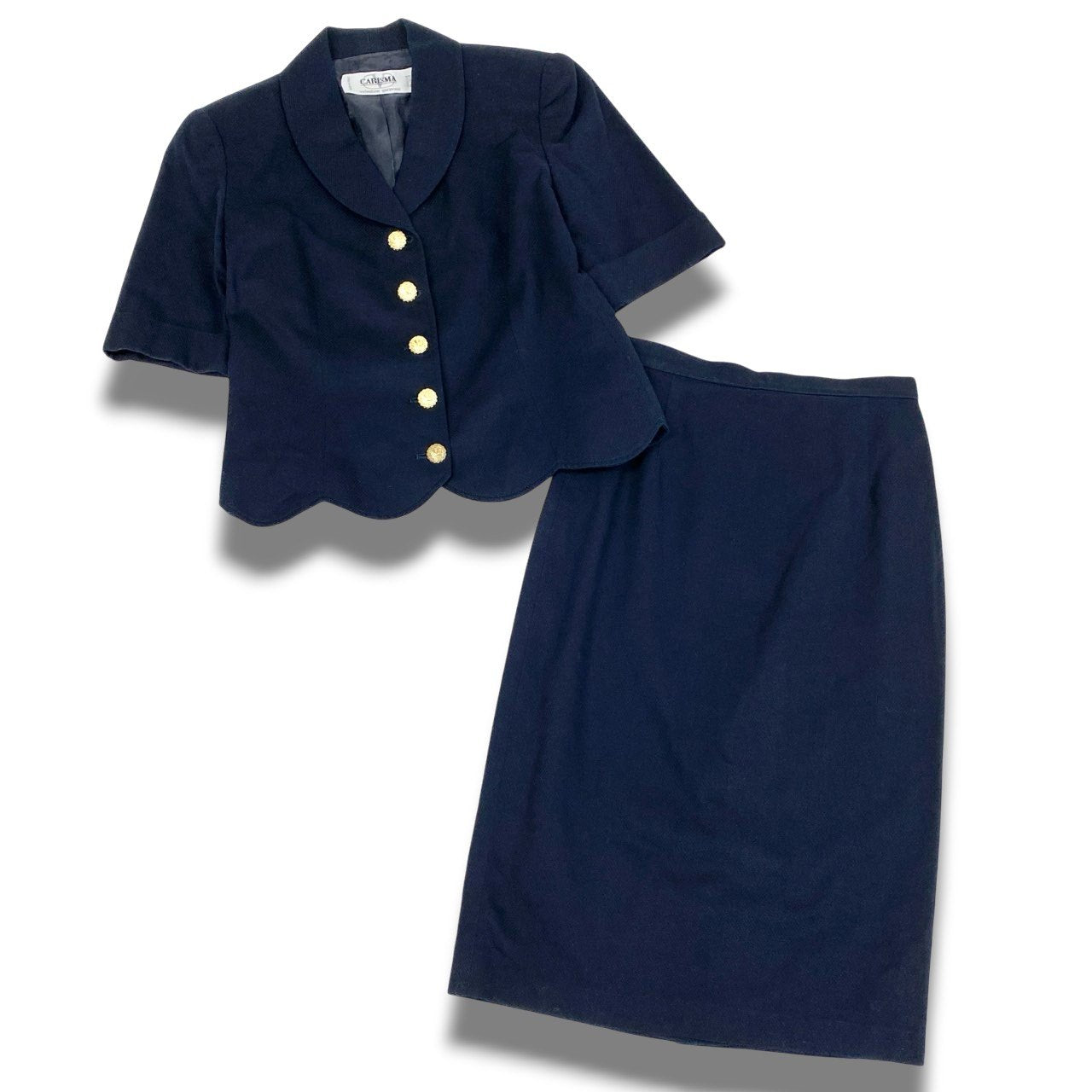 Ib20  VALENTINO ヴァレンティノ CARISMA スカートセットアップ 半袖ジャケット スカート 装飾ボタン 40 ネイビー コットン レディースu02t