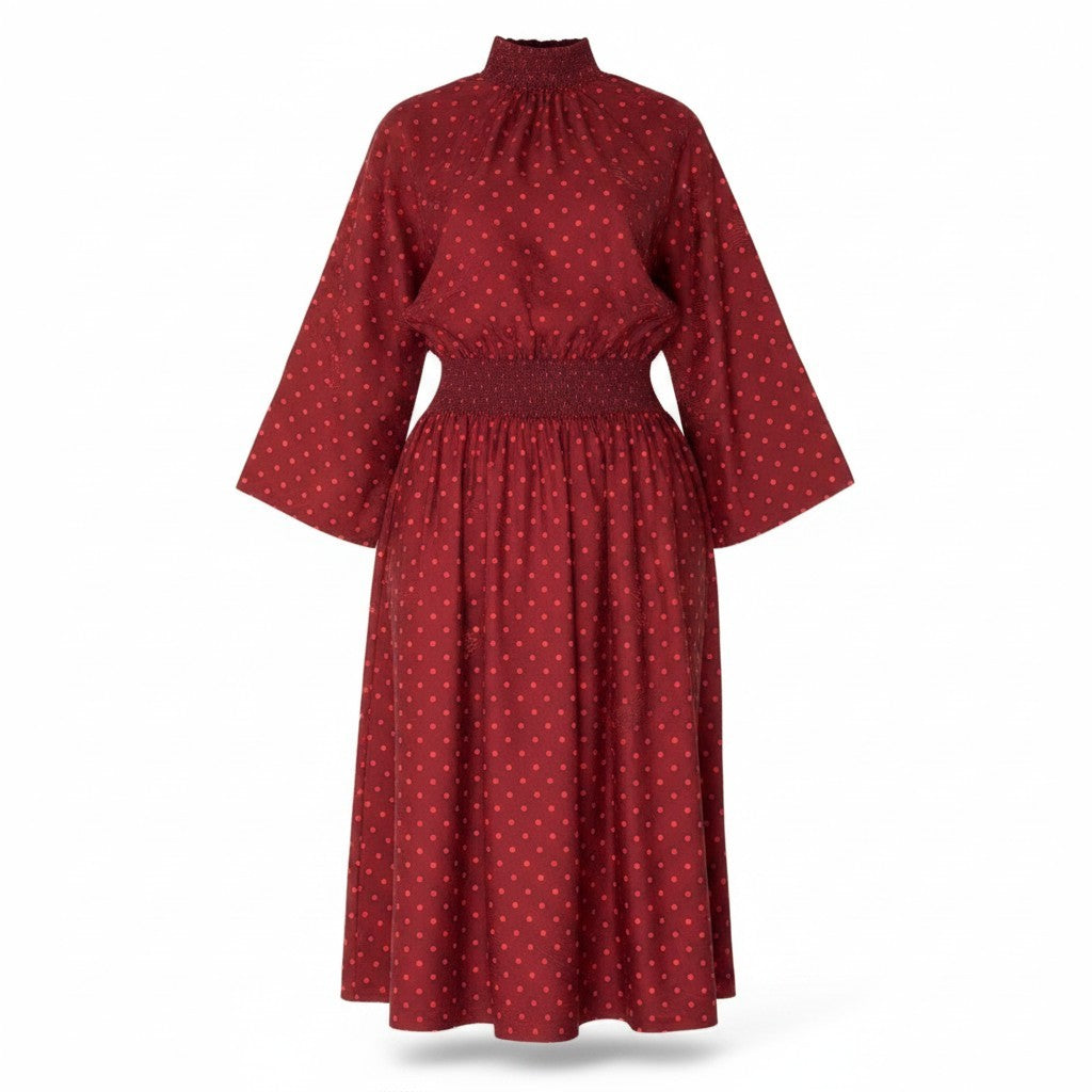 Ef6 【タグ付】 HERMES エルメス Zouaves et Dragons ズアヴとドラゴン ミドルネック ロングワンピース  サイズ38 レッド シルク100％ レディース 女性用k02i