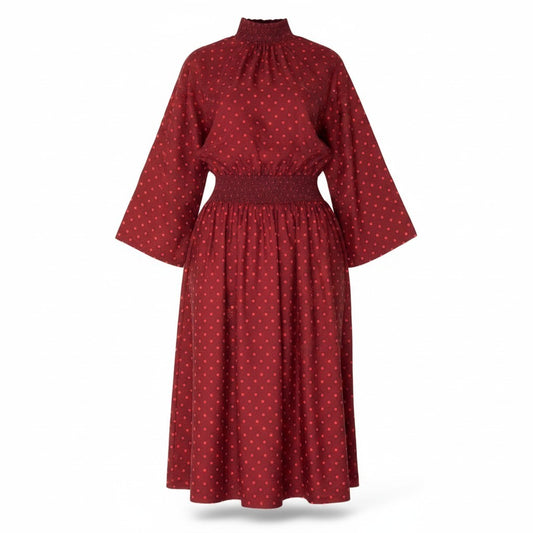 Ef6 【タグ付】 HERMES エルメス Zouaves et Dragons ズアヴとドラゴン ミドルネック ロングワンピース  サイズ38 レッド シルク100％ レディース 女性用k02i