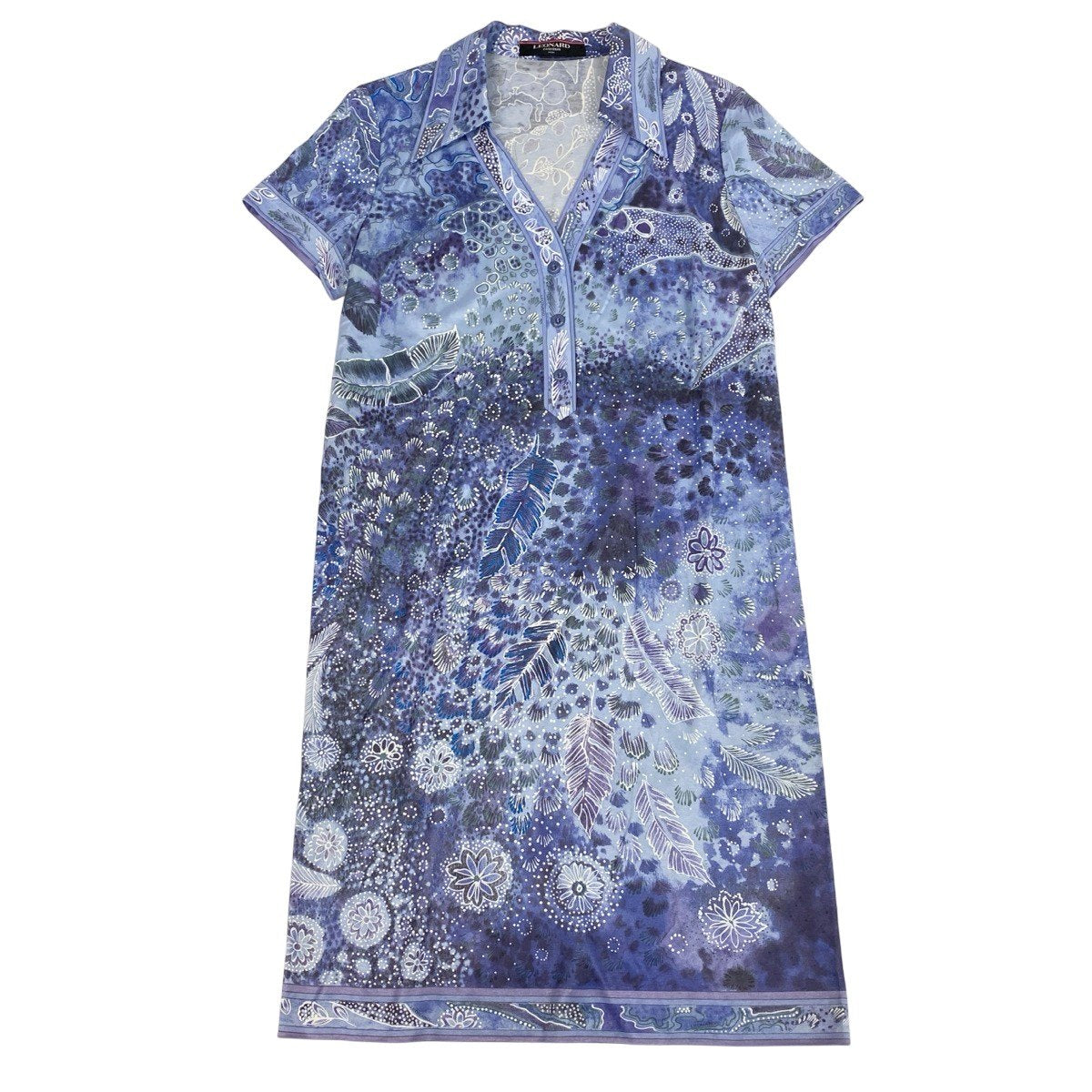 52f29 LEONARD FASHION レオナール ポロシャツワンピース 花柄プリント 総柄 サイズLL ブルー系 コットン100％ レディース 女性用u02t