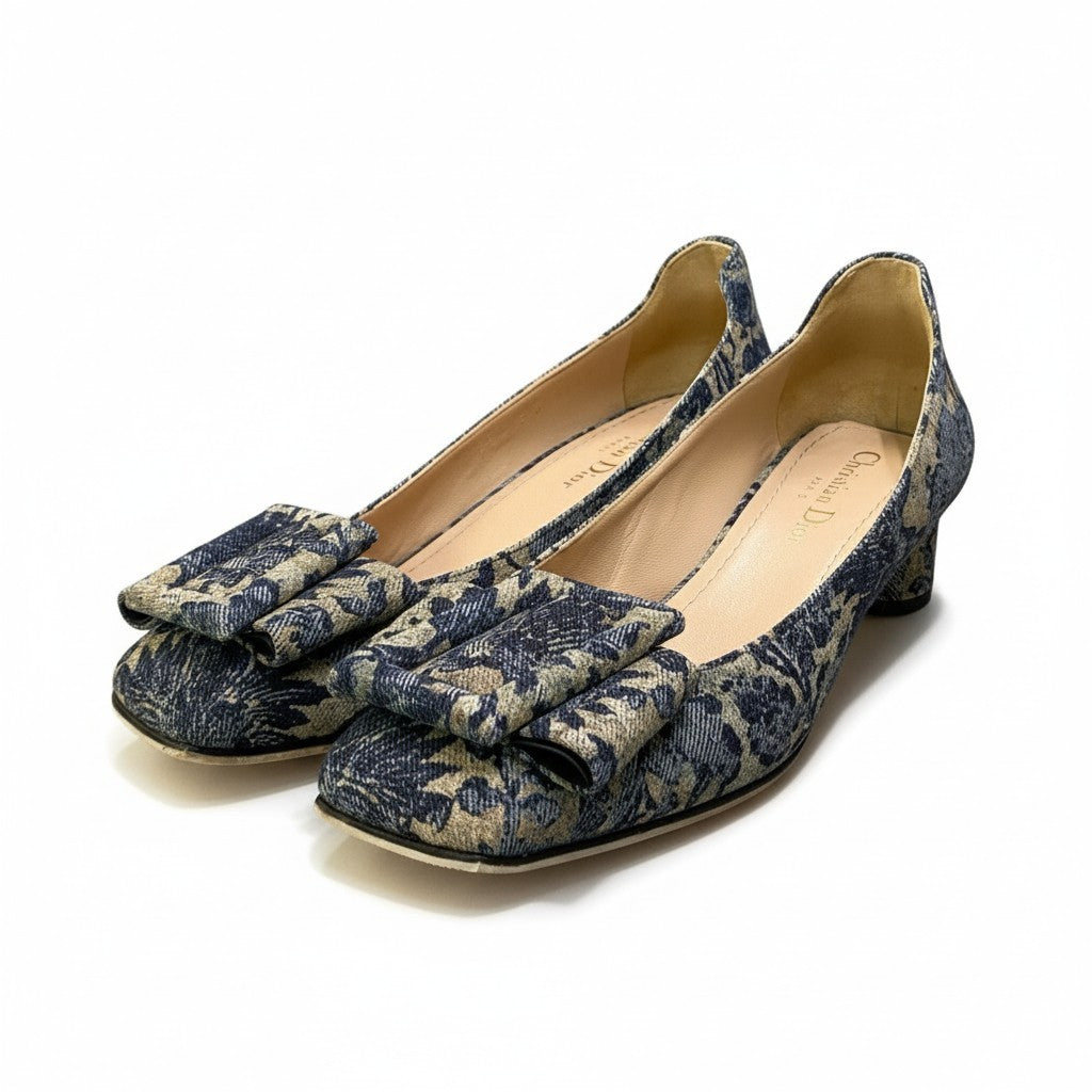 b17 《極美品》 Christian Dior クリスチャンディオール IDYLLE Flower Printed Denim Bellet パンプス シューズ 37.5 ブルー レディースta2