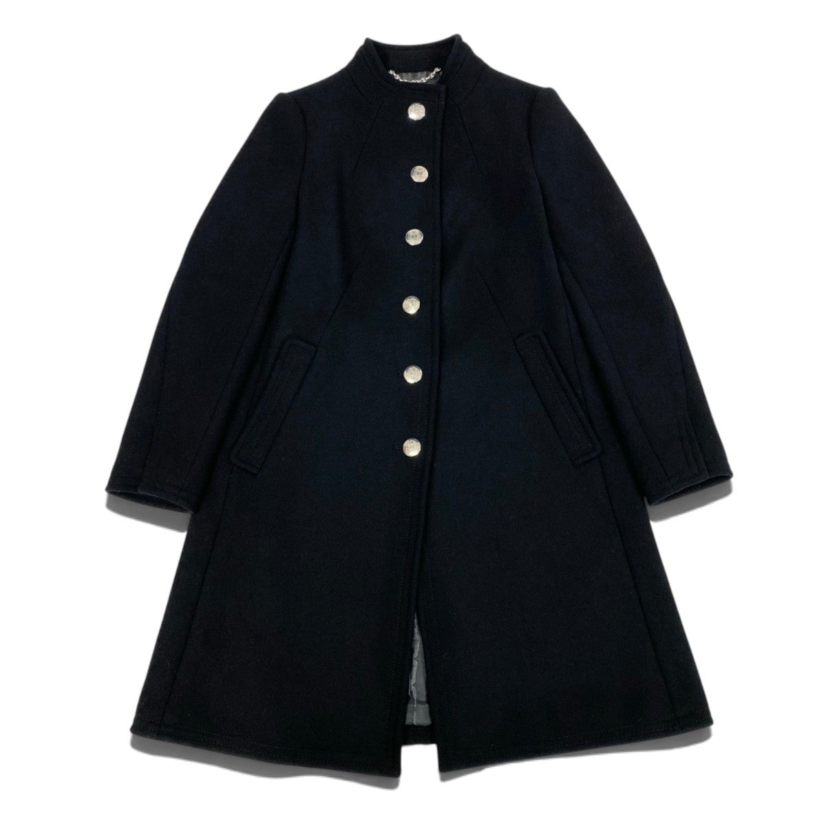 i25 【美品】CELINE ウールロングコート スタンドカラー エンブレムボタン 38サイズ ブラック ウール100％ レディース 女性用u02t