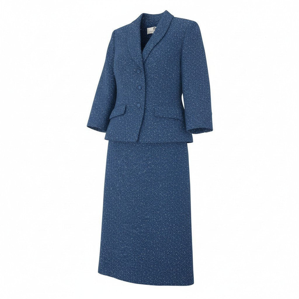 7a9 GIVENCHY ジバンシィー Vintage セットアップ スカートスーツ ツイード ジャケット タイトスカート ロゴボタン 42サイズ ブルー系 レディースo07t