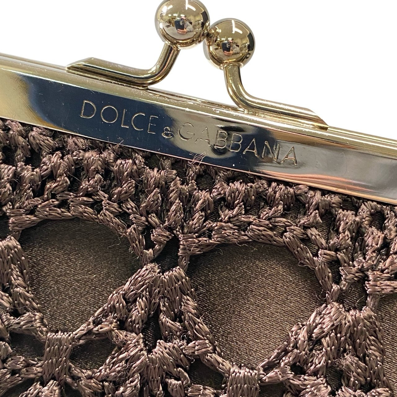ha5 DOLCE&GABBANA ドルチェアンドガッパーナ がま口 ハンドバッグ ポーチ レース チェーン ブラウン レディースk02i