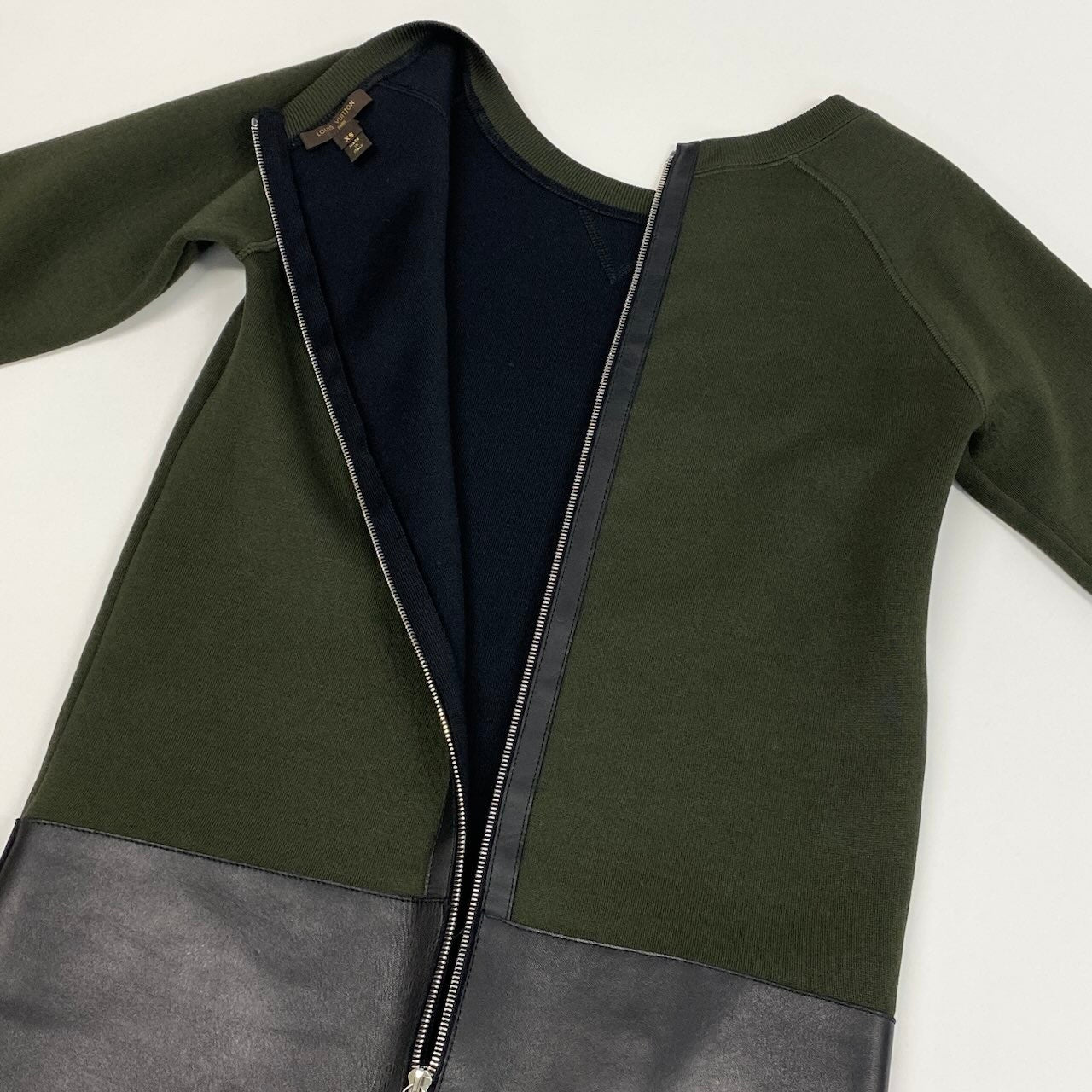 Ec31 《美品》 LOUIS VUITTON ルイヴィトン レザー切替 スウェットワンピース Switching Leather Jersey Dress XS ディープグリーン ブラックt18r