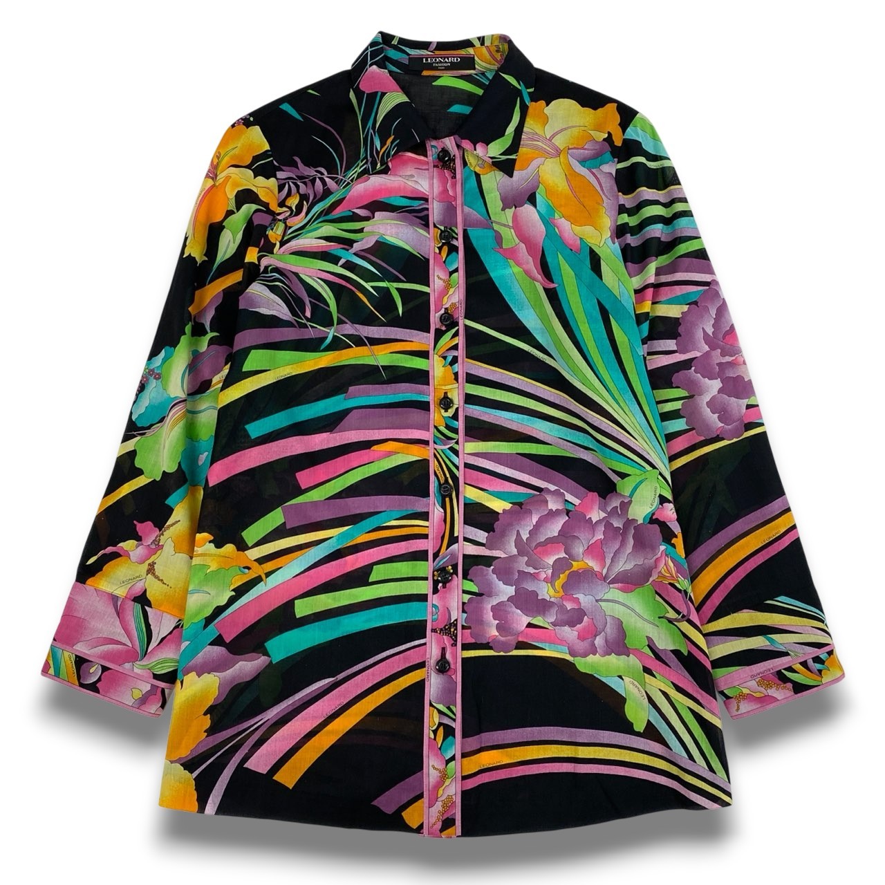 60b22 LEONARD FASHION レオナール シアーシャツ ロングスリーブシャツ 美しい花柄プリント レディース 女性服 13R ブラック マルチカラー コットン100％u02t