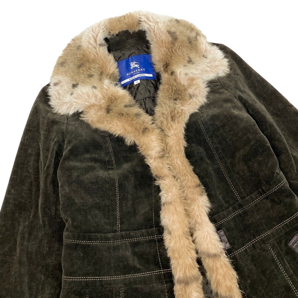 Eg10 BURBERRY LONDON BLUE LABEL バーバリーロンドン ブルーレーベル ファーコート 中綿コート ベロア  サイズ38 ダークブラウン レディースo07t