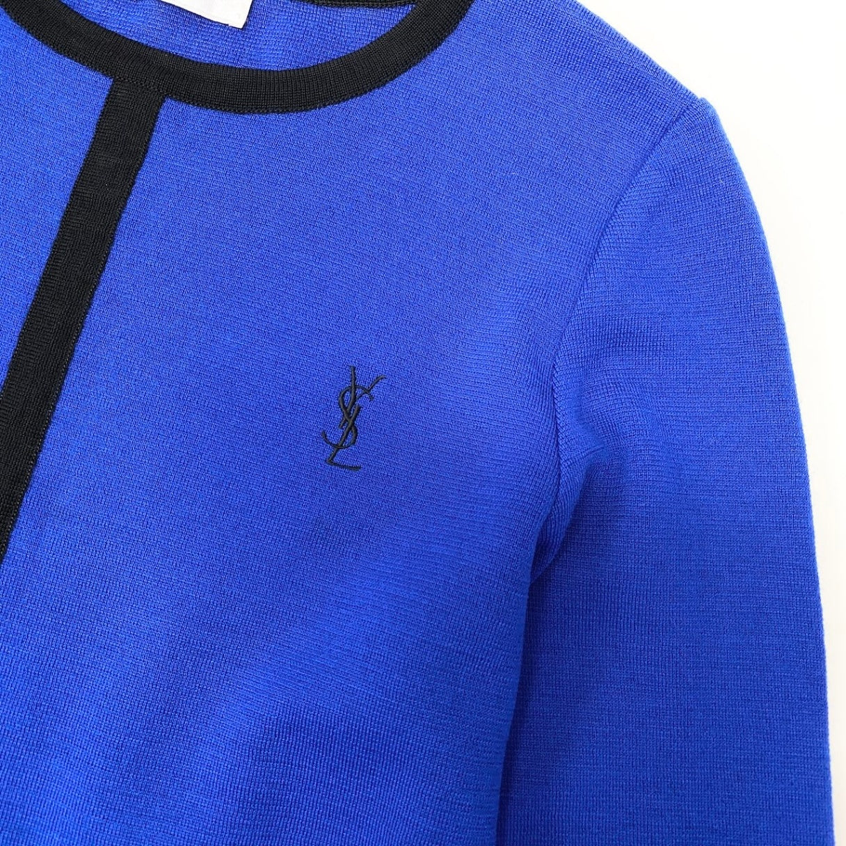33f15 YVES SAINT LAURENT イヴサンローラン YSLロゴ ニットセーター チュニック丈 ボーダー柄 バイカラー サイズＭ ブルー ブラック ウール100％ レディース 女性用u02t