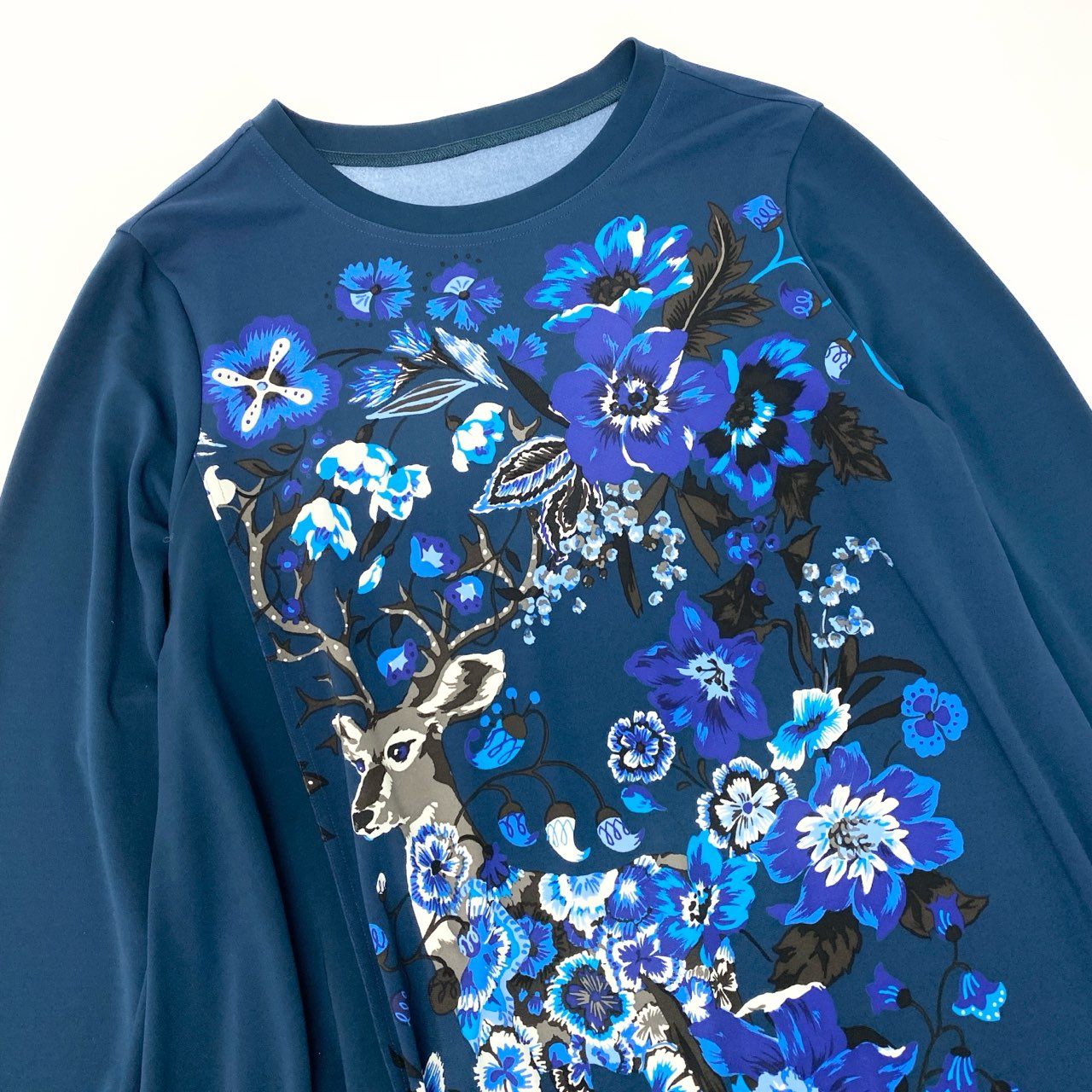 33c10 TOKUKO 1er VOL トクコプルミエヴォル ロングスリーブワンピース Aライン アシンメトリー アニマル 花柄プリント レディース 女性服 サイズ9 ネイビーu02t