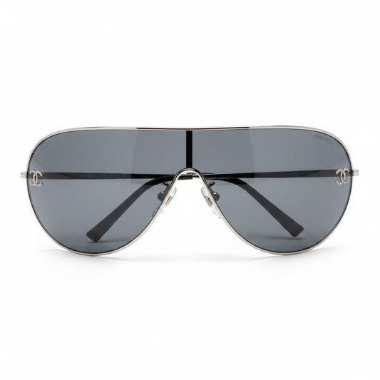 h2 【美品】CHANEL サングラス シールド型  ココマーク ラインストーン イタリア製 4122-B 108/87 120 グレー レディース 女性用ta1