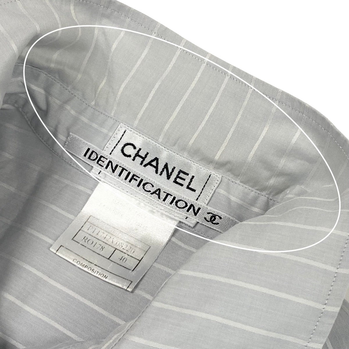 Ce28 CHANEL シャネル 2000年ss IDENTIFICATION 七分袖シャツ 袖ロゴ ボーダー柄 P14742V08220 サイズ40 ライトグレー ホワイト コットン100％ レディースu02t