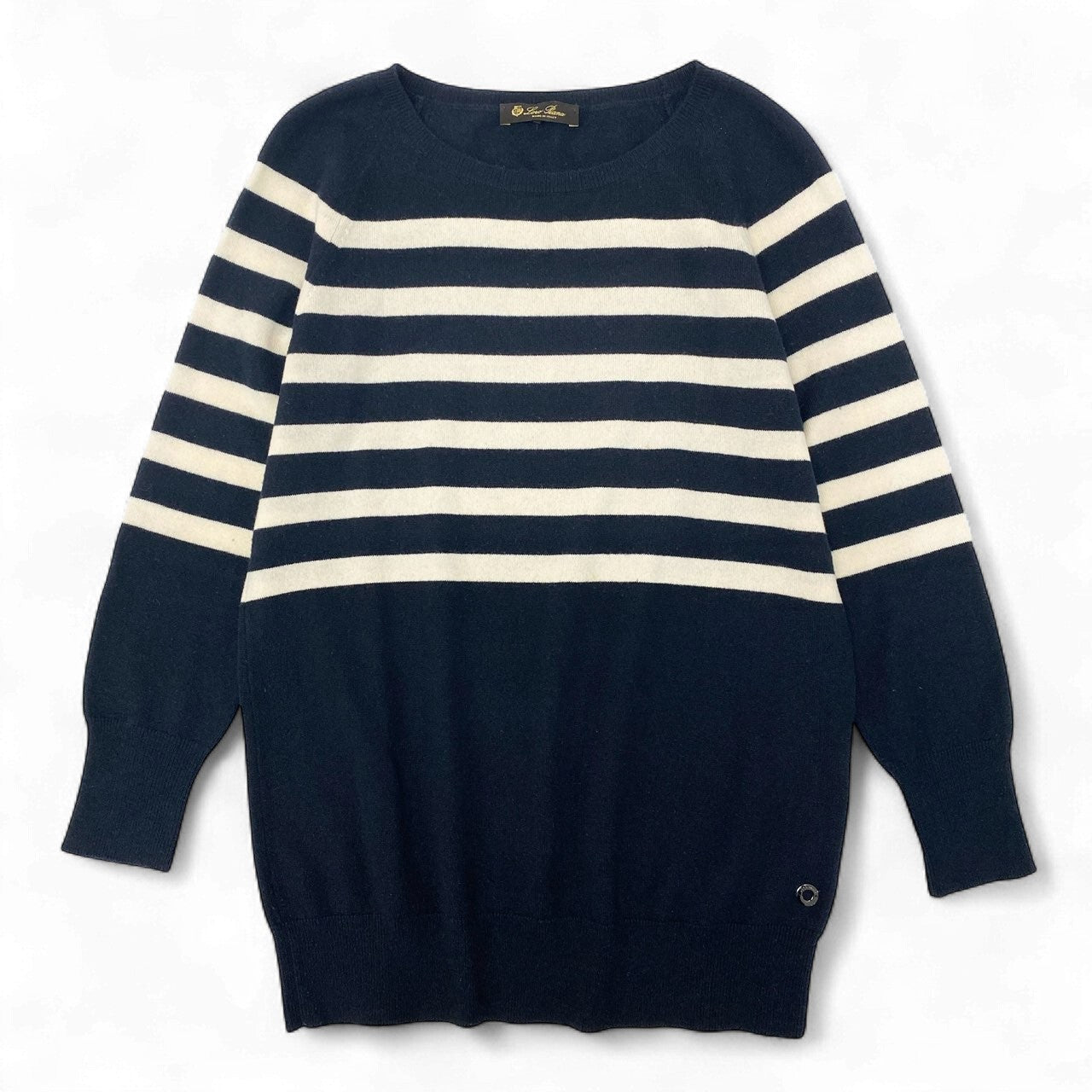 52k23 Lolo Piana ロロピアーナ ニットセーター クルーネック ロングスリーブ ボーダー イタリア製 レディース 42 ネイビー ホワイトu02t