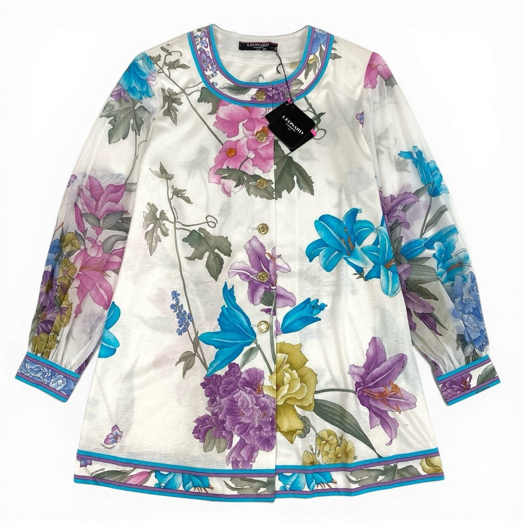 13l27【未使用品】LEONARD レオナール ノーカラージャケット 美しい花柄プリント 袖シアー素材 チュニック丈 Mサイズ ホワイト レディースk02i