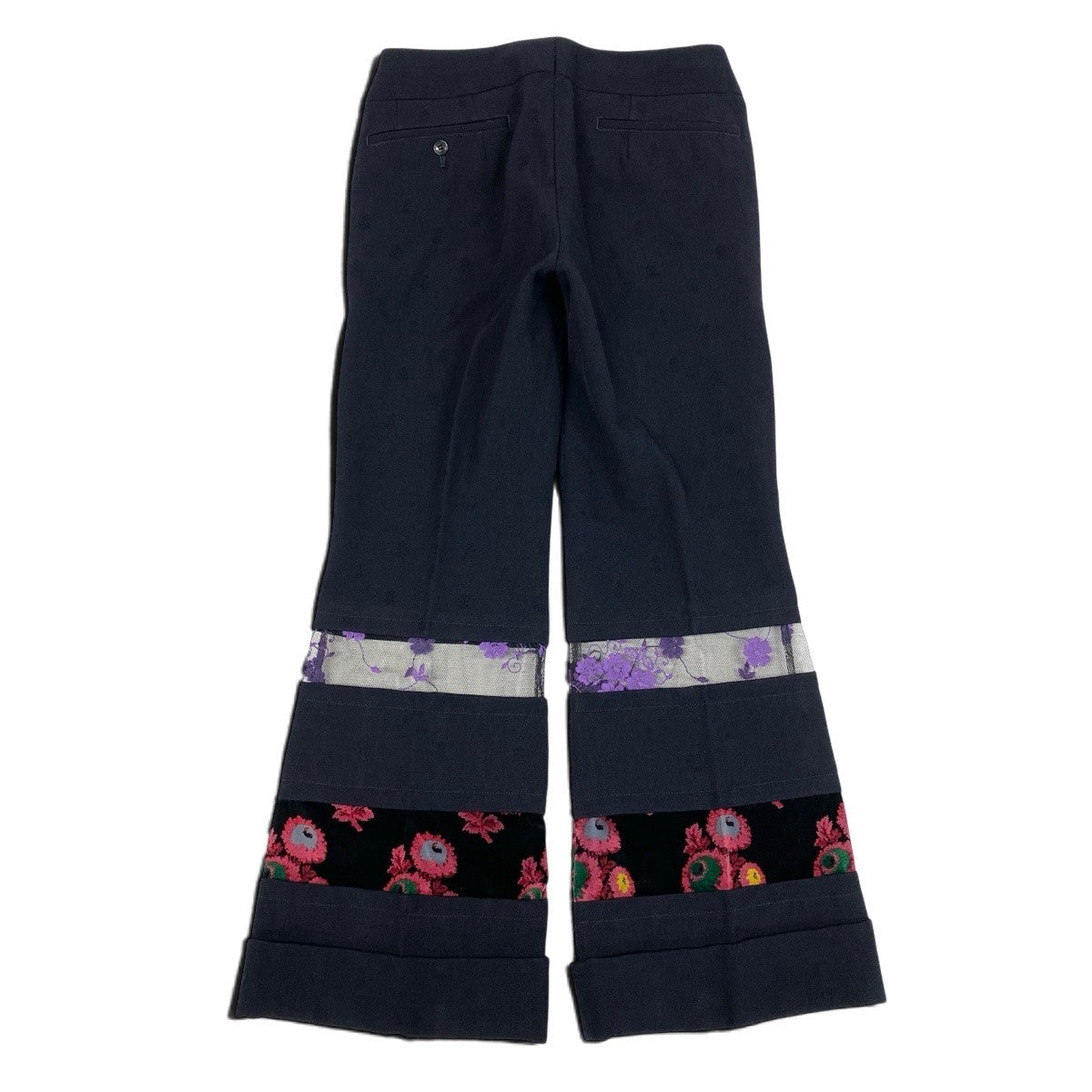 h28 《美品》 COMME des GARCONS コムデギャルソン フラワー刺繍 レース切り替え スラックスパンツ GC-P001 M ネイビー ウールu02t
