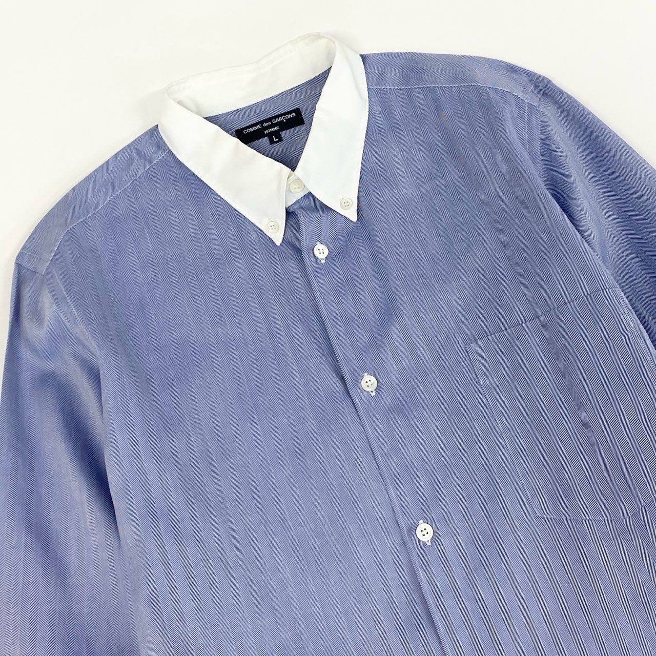 54g10 《美品》 COMME des GARCONS HOMME コムデギャルソンオム ヘリンボーン ワンポケ 長袖シャツ L ブルー トップス SHIRT AD2008