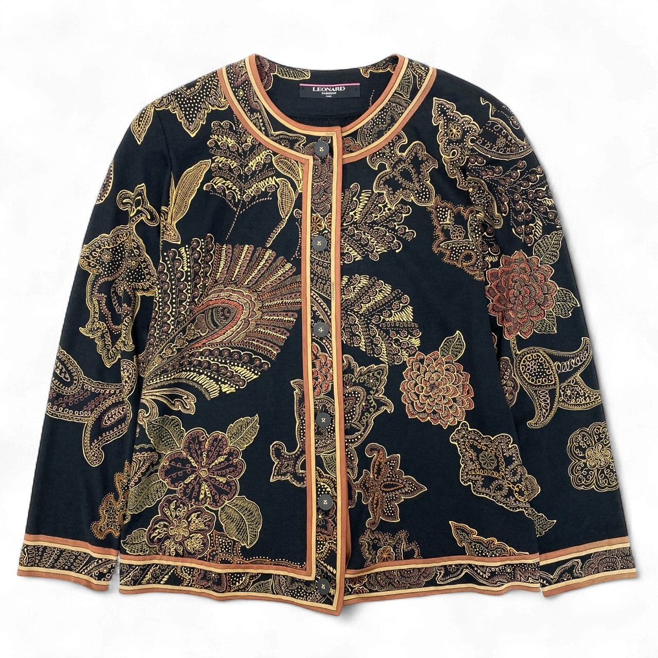 11k21 LEONARD FASHION レオナール ノーカラージャケット カーディガン 花柄プリント ペイズリー柄 ロングスリーブ レディース 女性用 M ブラック ウールシルクu02t