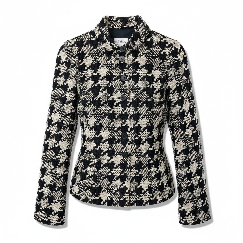 Ef25 ARMANI COLEZIONI ツイードジャケット 千鳥格子柄 アウター 38サイズ ベージュ ブラック レディース 女性用u02t