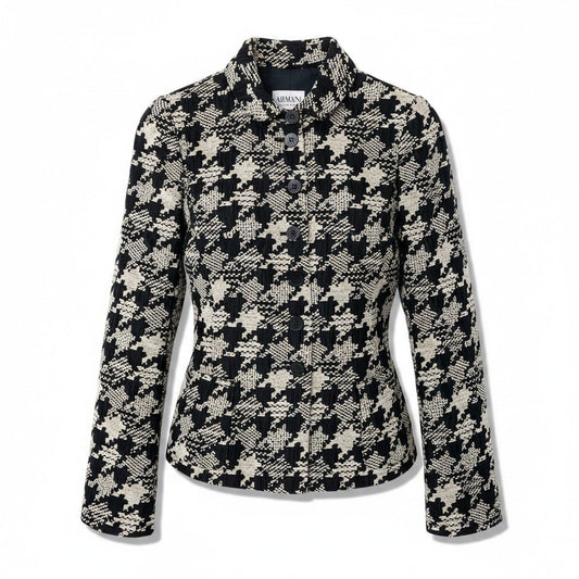Ef25 ARMANI COLEZIONI ツイードジャケット 千鳥格子柄 アウター 38サイズ ベージュ ブラック レディース 女性用u02t